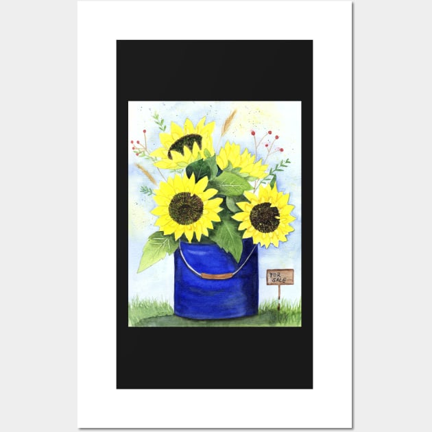 Sunflowers in a bucket watercolor painting Wall Art by Sandraartist